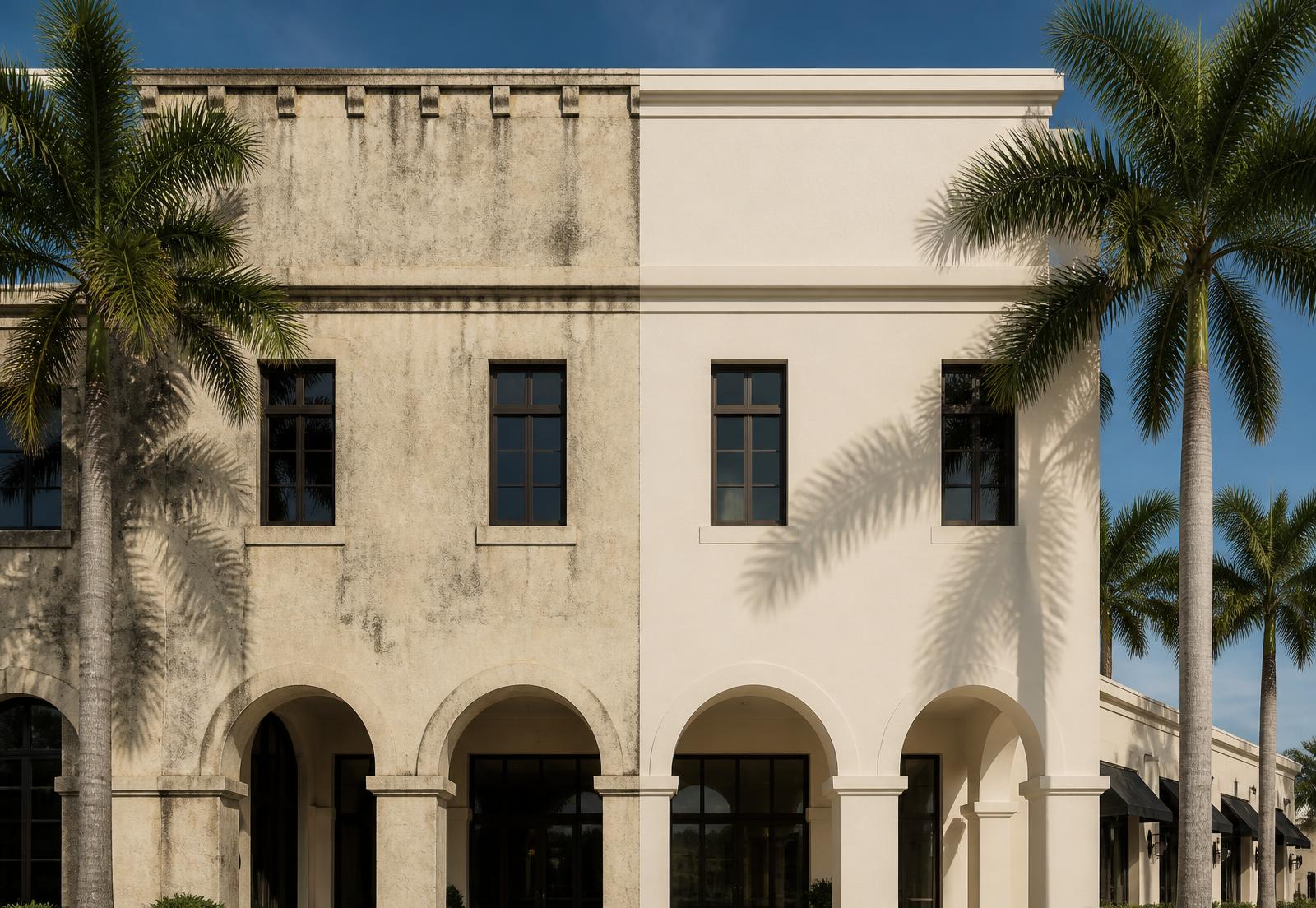Aged weathered stucco facade beside the same facade renewed with a matte mineral CoolCrete Stucco RENEW finish